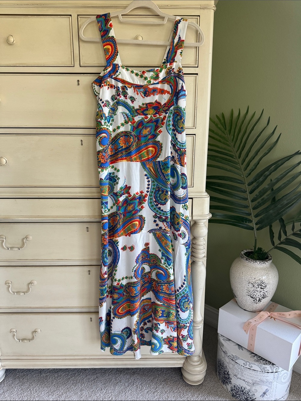 1. State White Maxi Dress with Multicolor Paisley Print